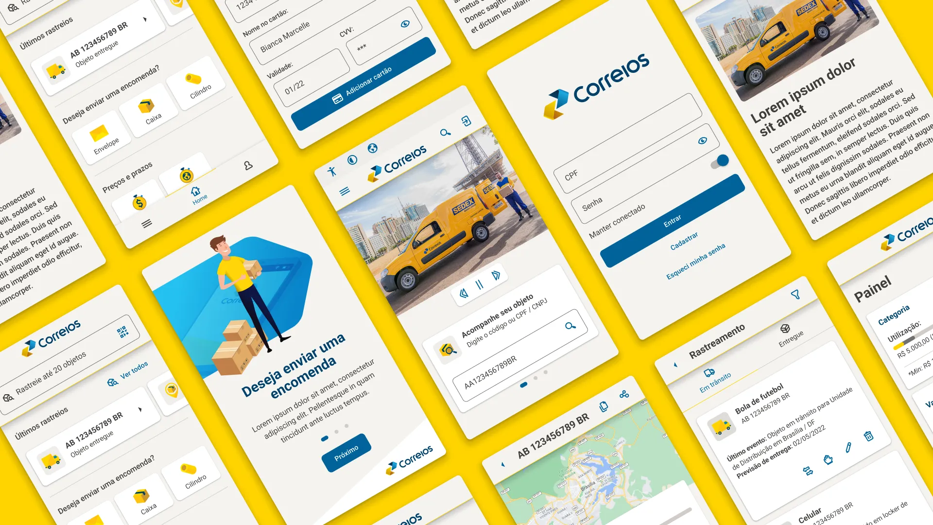 Telas de aplicativos do Design System dos Correios