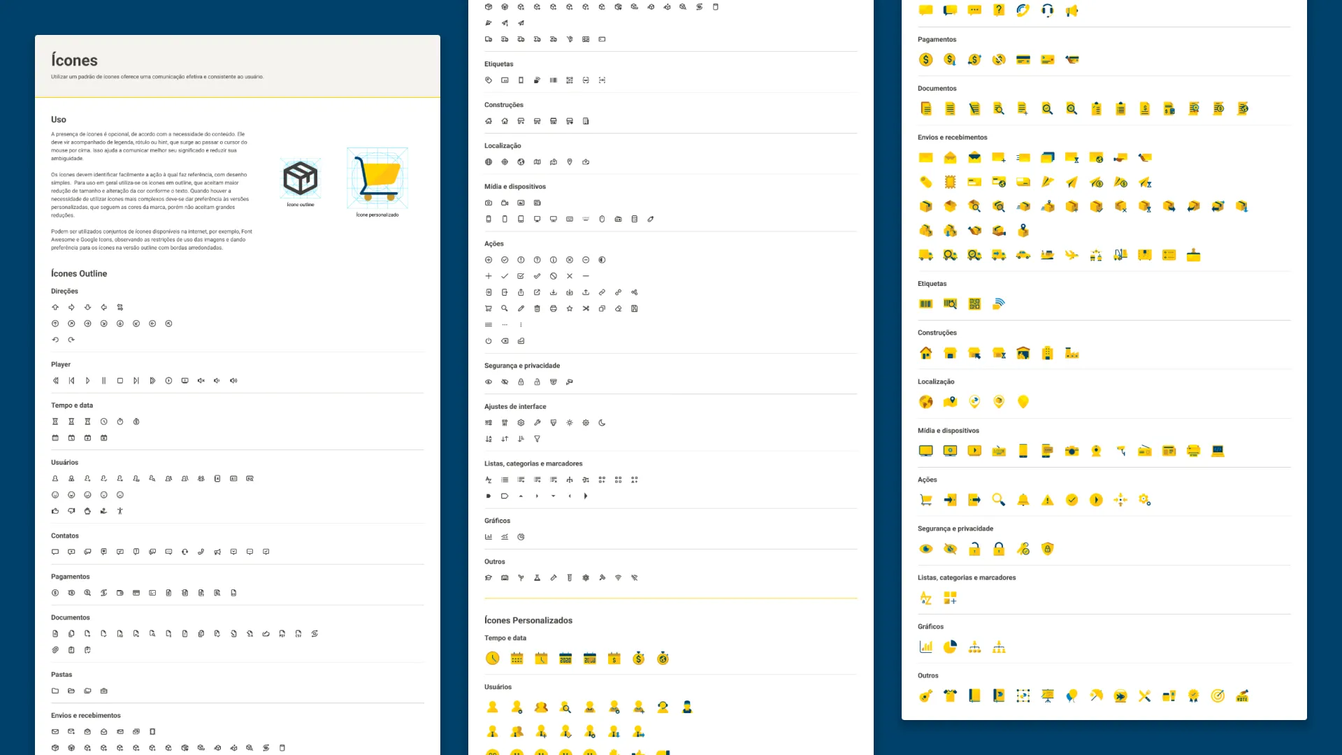 Ícones do Design System em versões de contorno e coloridas