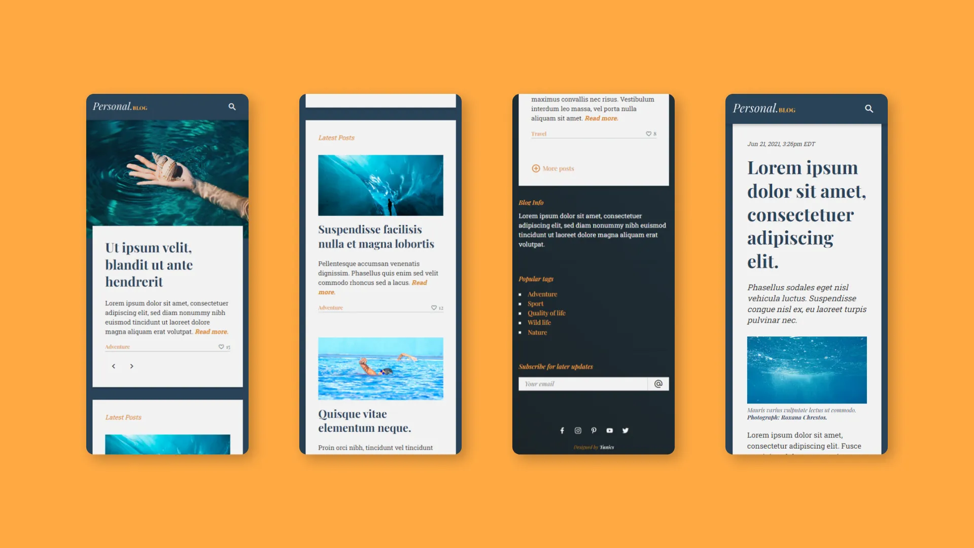 Páginas do blog pessoal apresentadas em celulares